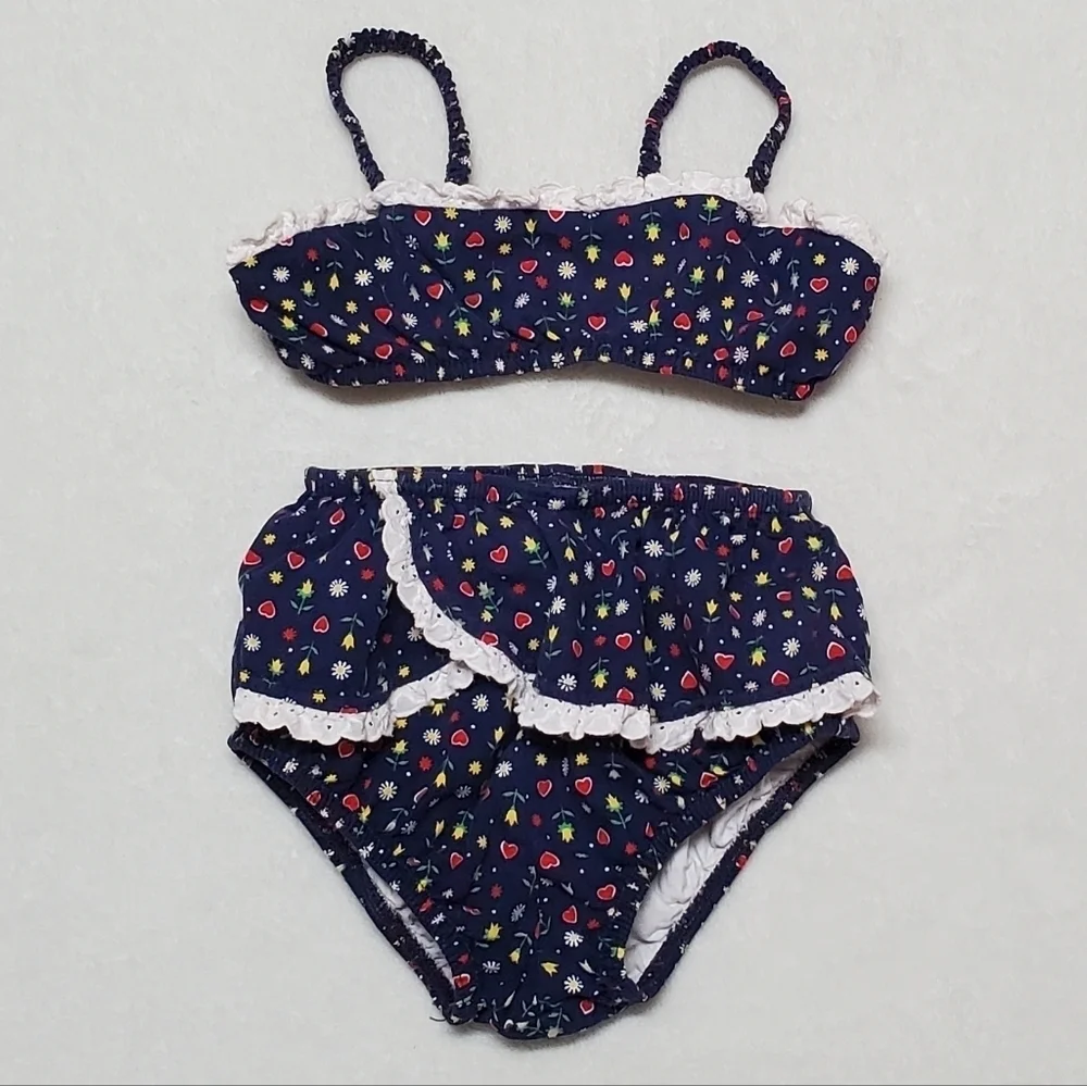 Vintage 60s Teen Girl Ultra Mod High High Bottom Ruffle Heart Floral Bikini XS